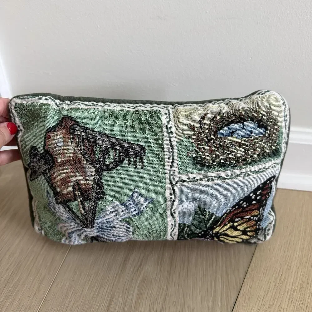 Vintage Tapestry Throw Pillow 12x8” Gardening Butterfly Spring